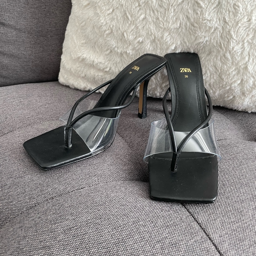Zara Black Clear PVC Thong Heeled Sandals Square Toe Mule Heels EU 36
